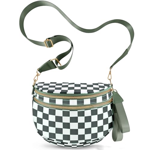 NEWROGENG Checkered Crossbody Bags for Women, Large Nylon Bum Bags Plus Size Fanny Pack Sling Bag Belt Bag for Women Travel, Beans Green Checkered - Image 1