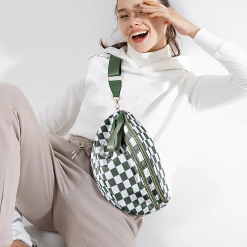 NEWROGENG Checkered Crossbody Bags for Women, Large Nylon Bum Bags Plus Size Fanny Pack Sling Bag Belt Bag for Women Travel, Beans Green Checkered - Image 3