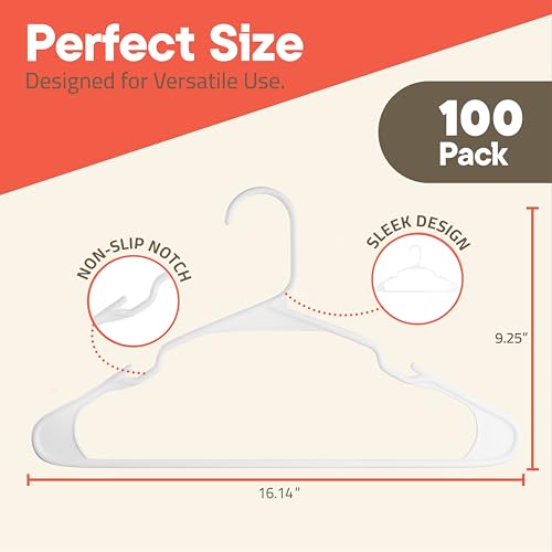 Campior White Plastic Hangers 100 Pack– Heavy-Duty Plastic Hangers Slim and Space-Saving, Durable and Lightweight PP with Non-Slip Shoulder Notches for Slip Dresses, Suits, Jackets & Camisoles - Image 2