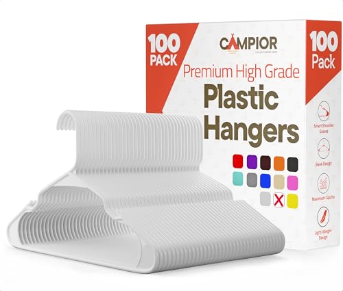 Campior White Plastic Hangers 100 Pack– Heavy-Duty Plastic Hangers Slim and Space-Saving, Durable and Lightweight PP with Non-Slip Shoulder Notches for Slip Dresses, Suits, Jackets & Camisoles - Image 1