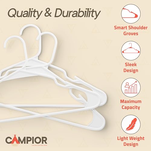 Campior White Plastic Hangers 100 Pack– Heavy-Duty Plastic Hangers Slim and Space-Saving, Durable and Lightweight PP with Non-Slip Shoulder Notches for Slip Dresses, Suits, Jackets & Camisoles - Image 4