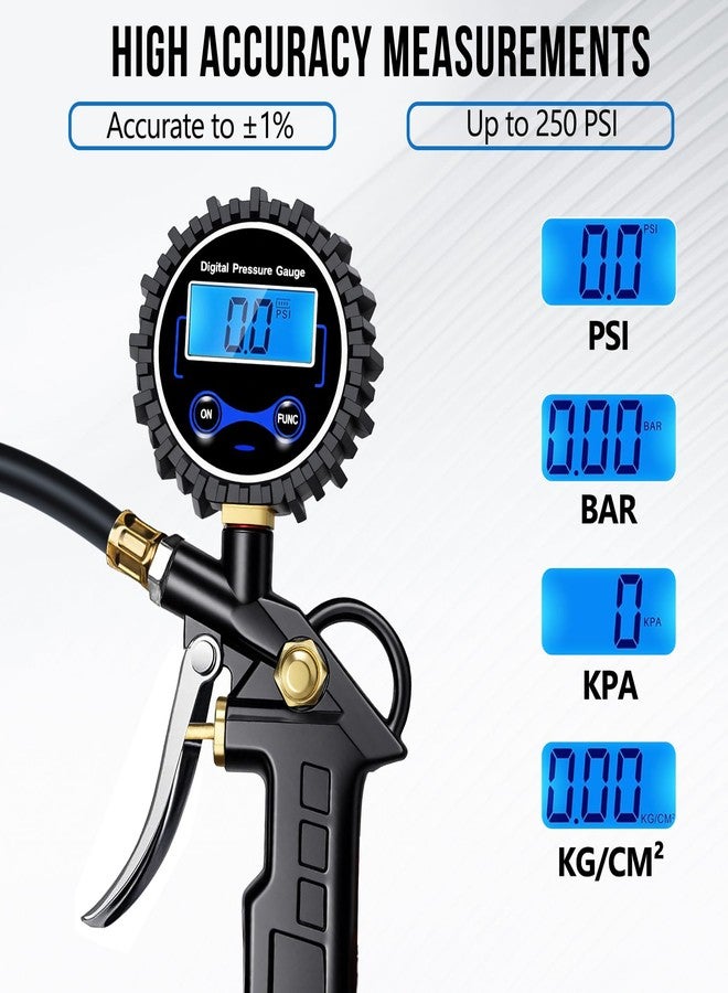 DigitPro Digital Tire Pressure Gauge with Inflator, Air Compressor Accessories with Air Chuck Quick Connect Coupler, Car Attachments with Rubber Hose for Car, Truck, SUV, Cycle, RV, 250 PSI - Image 2
