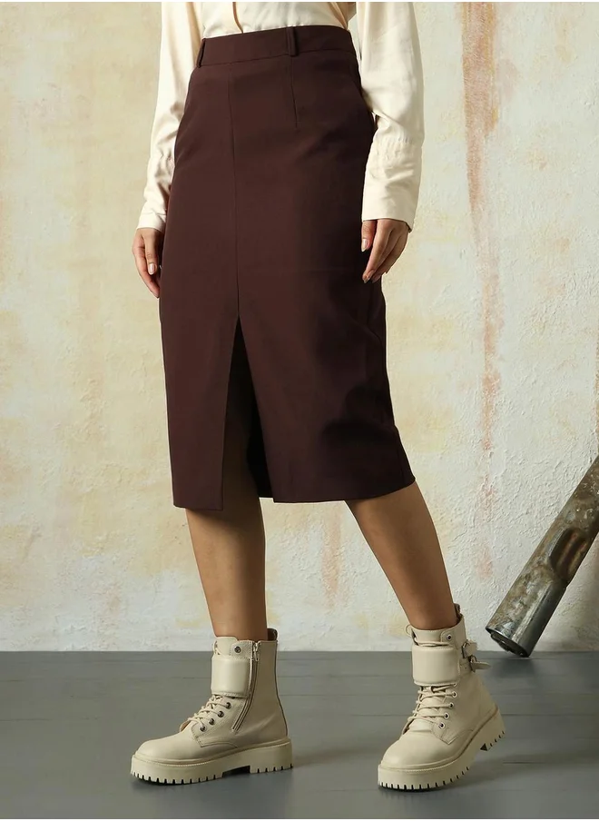هاي ستار Solid A-Line Skirt with Front Slit Detail
