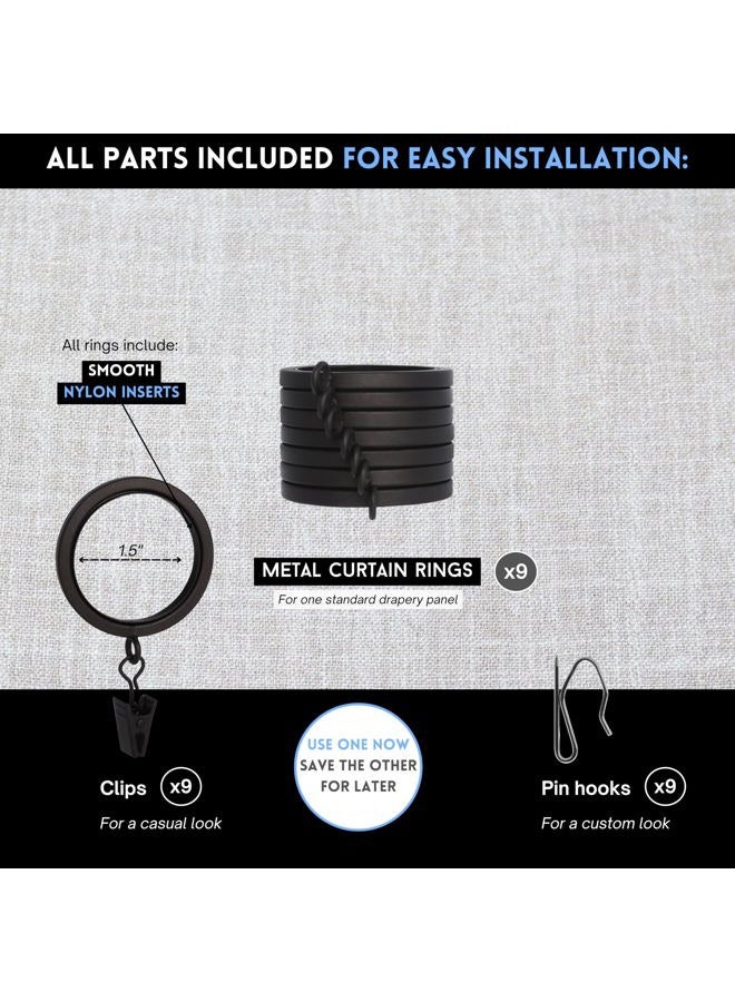 BlastHome® Luxury Curtain Rings - Premium Metal with Quiet, Smooth Nylon Inserts - Pinhooks and Clips Included - 1 1/2" Inside Diameter - 9 Rings for One Standard Curtain - Brushed Dark Brown - Image 4