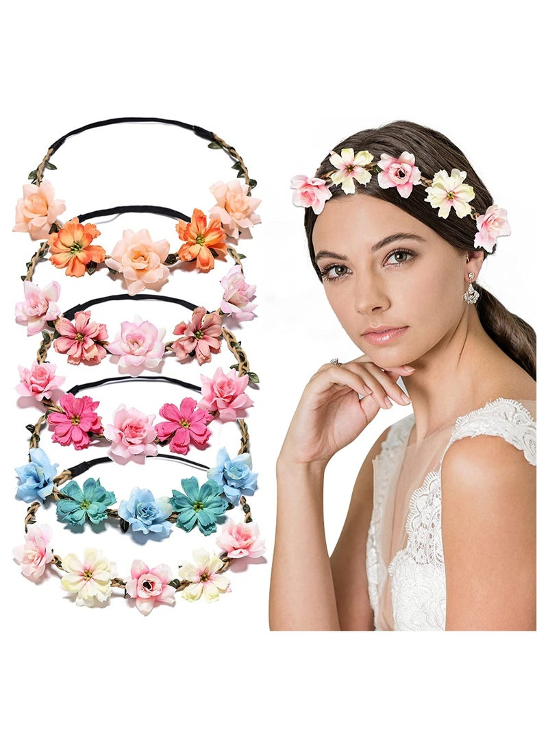 Loquat 5PCS Flower Crown Headbands Flower Headbands for Women Girls, Multicolour Flower Hair Wreath Floral Headpieces Festival Hair Accessories for Wedding Party Festival, Small Gesang Flower Rose Headband - Image 1