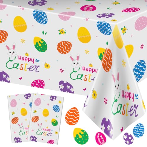 PADELO 2 Pieces Happy Easter Tablecloth, Rectangle Plastic Easter Bunny Eggs Table Cloth, Disposable Waterproof Easte Table Cover for Easte Day Tables Decorations and Party Supplies Decor, 54” x 108” - Image 1