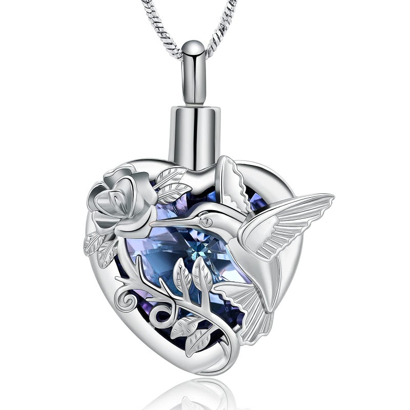 Yinplsmemory Hummingbird Cremation Jewelry Crystal Heart Urn Ashes Necklace for Women Men Memorial Keepsake Necklace of Loved One - Image 1