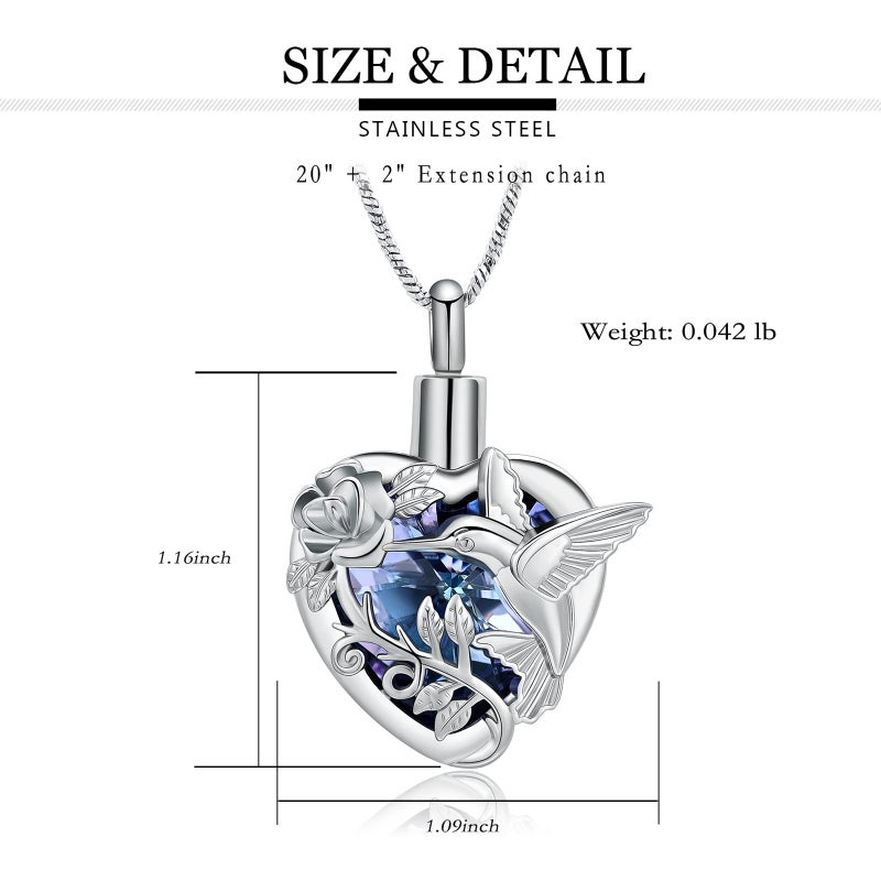 Yinplsmemory Hummingbird Cremation Jewelry Crystal Heart Urn Ashes Necklace for Women Men Memorial Keepsake Necklace of Loved One - Image 2