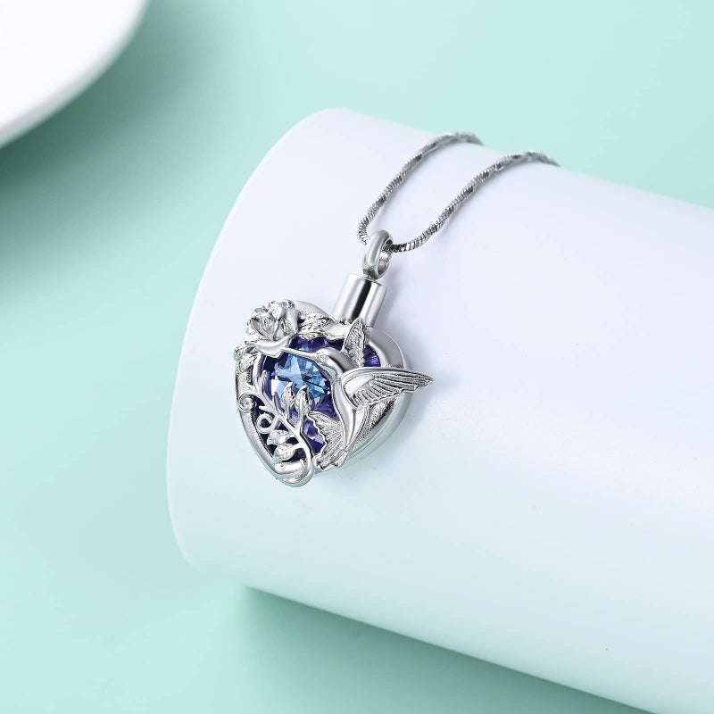 Yinplsmemory Hummingbird Cremation Jewelry Crystal Heart Urn Ashes Necklace for Women Men Memorial Keepsake Necklace of Loved One - Image 3
