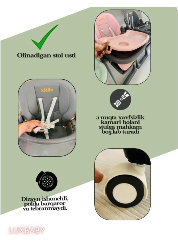 كيدلو كرسي مرتفع للأطفال من كيدليو ، 3 مستويات للاستلقاء، 7 مستويات ارتفاع، مجهز بصينية مزدوجة، جلد سهل التنظيف، عجلات متحركة وثابتة 8122 (وردي) - Image 4