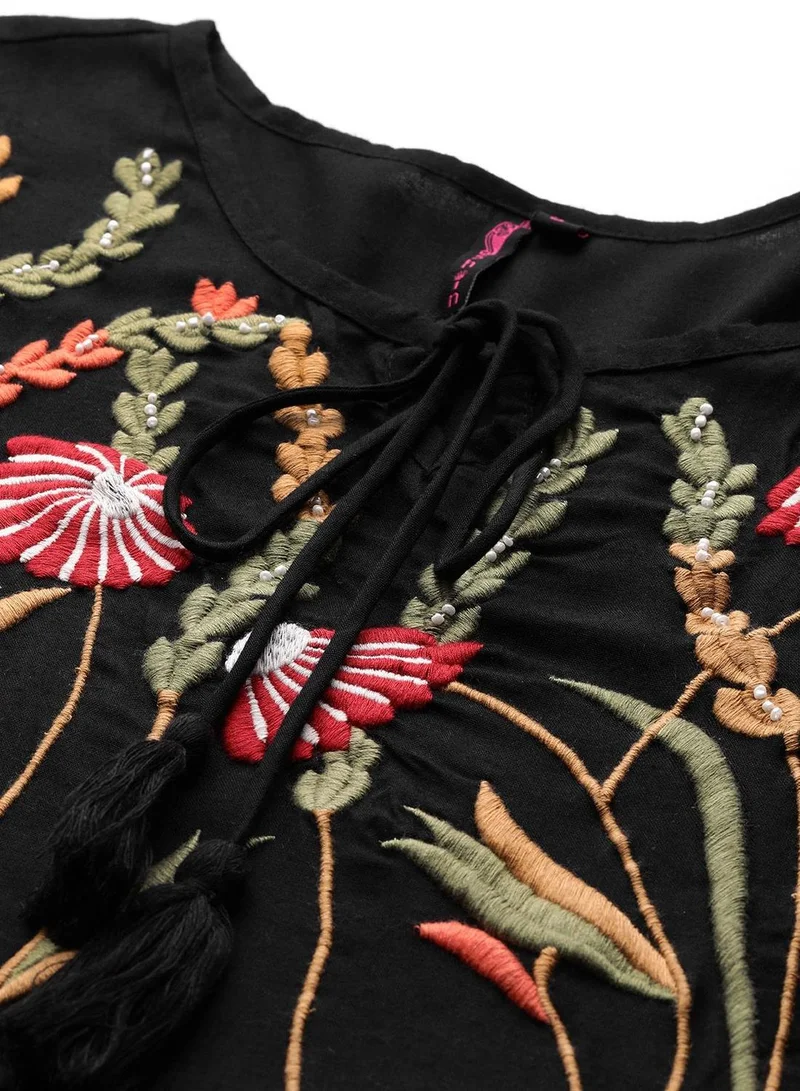 ISHIN Women Black & Green Floral Embroidered Tiered A-Line Dress