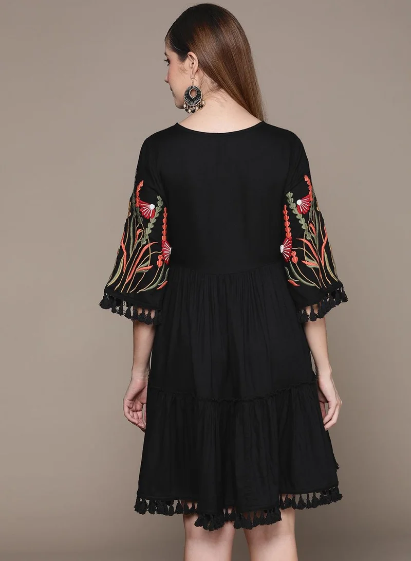 ISHIN  Women's Black Rayon Embroidered Straight Fit Dress for Women | Best Price UAE