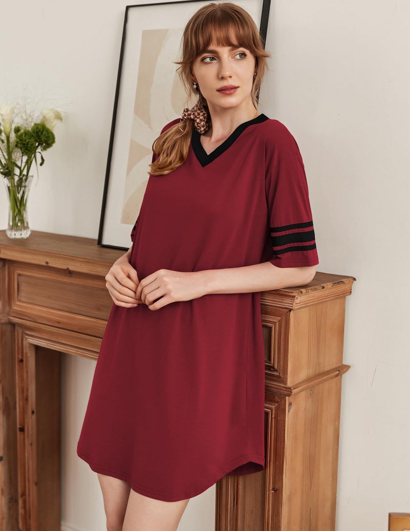 Ekouaer Womens Nightgown Cotton Sleepwear Short Sleeve Sleep Shirt V Neck Color Block Nightshirt L Wine Red - Image 2