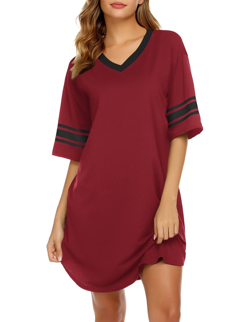 Ekouaer Womens Nightgown Cotton Sleepwear Short Sleeve Sleep Shirt V Neck Color Block Nightshirt L Wine Red - Image 1
