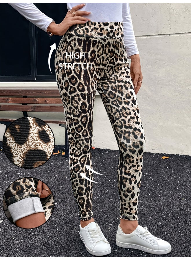 Autumn And Winter New European And American Velvet High-waist Printed Leopard Print Straight Pants For Women