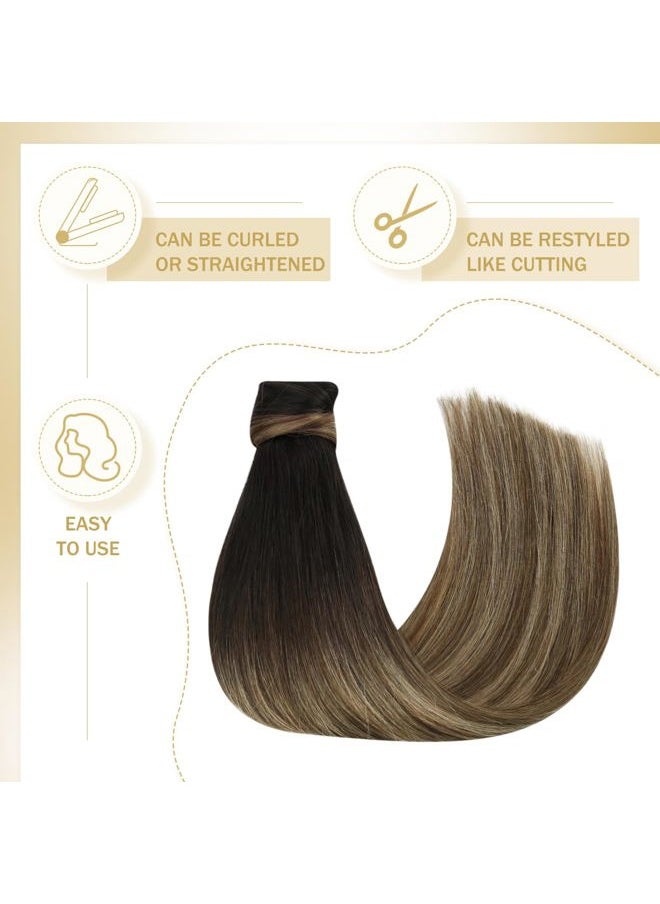 Ve Sunny Wrap around Ponytail Human Hair Black Ombre Human Hair Ponytail Extension Black Roots Brown with Caramel Real Hair Ponytail Extension Ombre Human Ponytail Extension 80g 18inch  - Image 2
