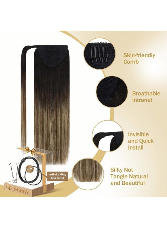 Ve Sunny Wrap around Ponytail Human Hair Black Ombre Human Hair Ponytail Extension Black Roots Brown with Caramel Real Hair Ponytail Extension Ombre Human Ponytail Extension 80g 18inch  - Image 3