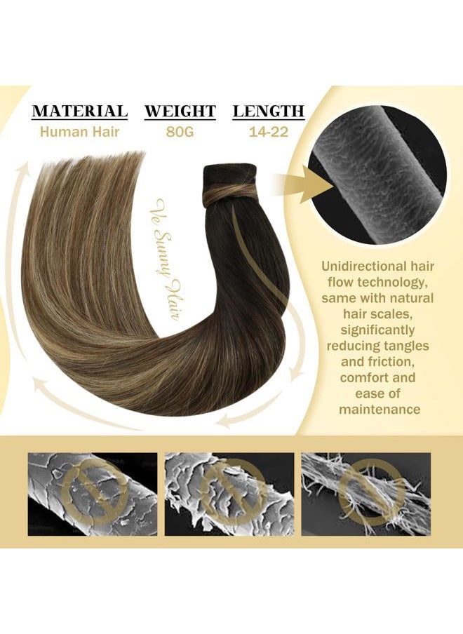 Ve Sunny Wrap around Ponytail Human Hair Black Ombre Human Hair Ponytail Extension Black Roots Brown with Caramel Real Hair Ponytail Extension Ombre Human Ponytail Extension 80g 18inch  - Image 5