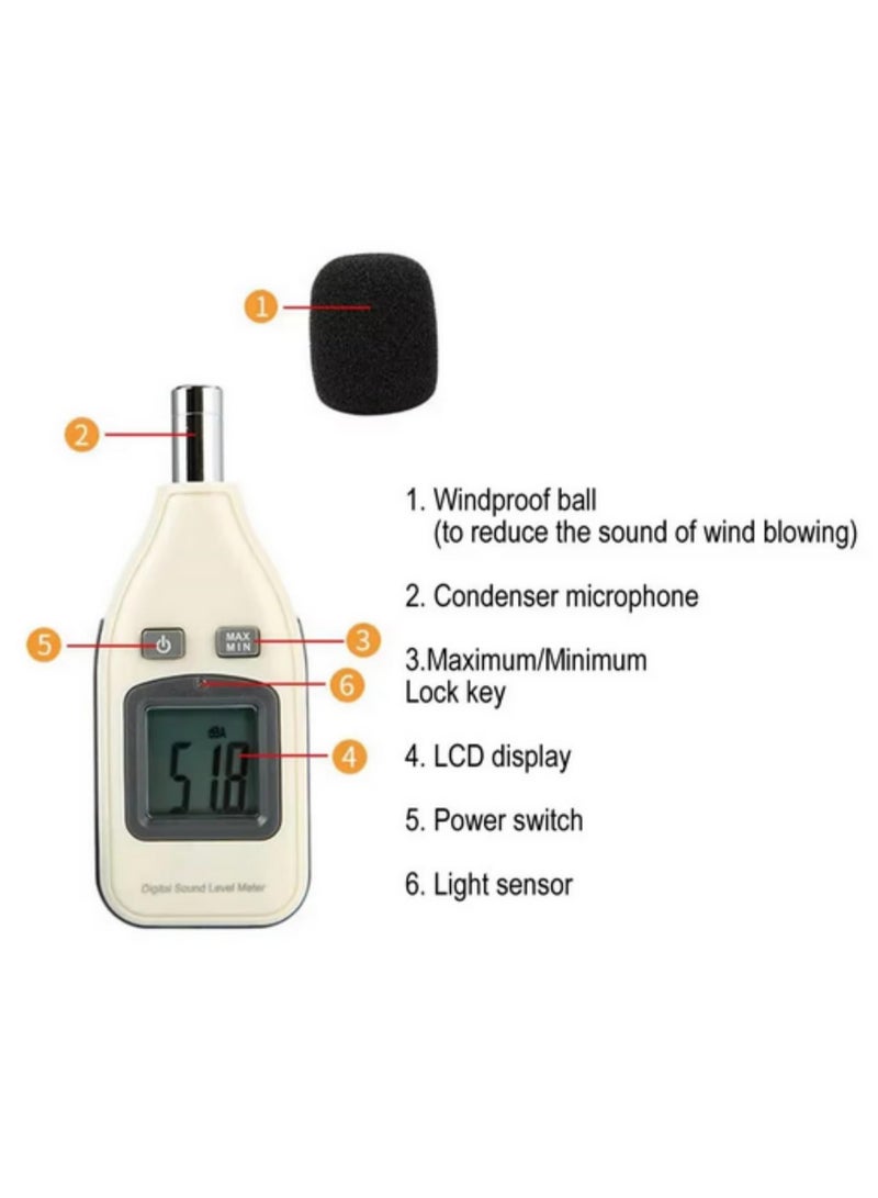 GM1351 متر مستوى الصوت الرقمي 30-130 ديسيبل، جهاز قياس الضوضاء مع شاشة LCD، ميكروفون مكثف كهربيت 1/2 بوصة، وظيفة MAX Hold، شاشة عرض رباعية الأرقام. - Image 3