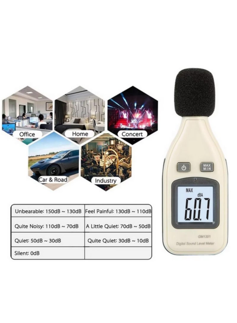 GM1351 متر مستوى الصوت الرقمي 30-130 ديسيبل، جهاز قياس الضوضاء مع شاشة LCD، ميكروفون مكثف كهربيت 1/2 بوصة، وظيفة MAX Hold، شاشة عرض رباعية الأرقام. - Image 5