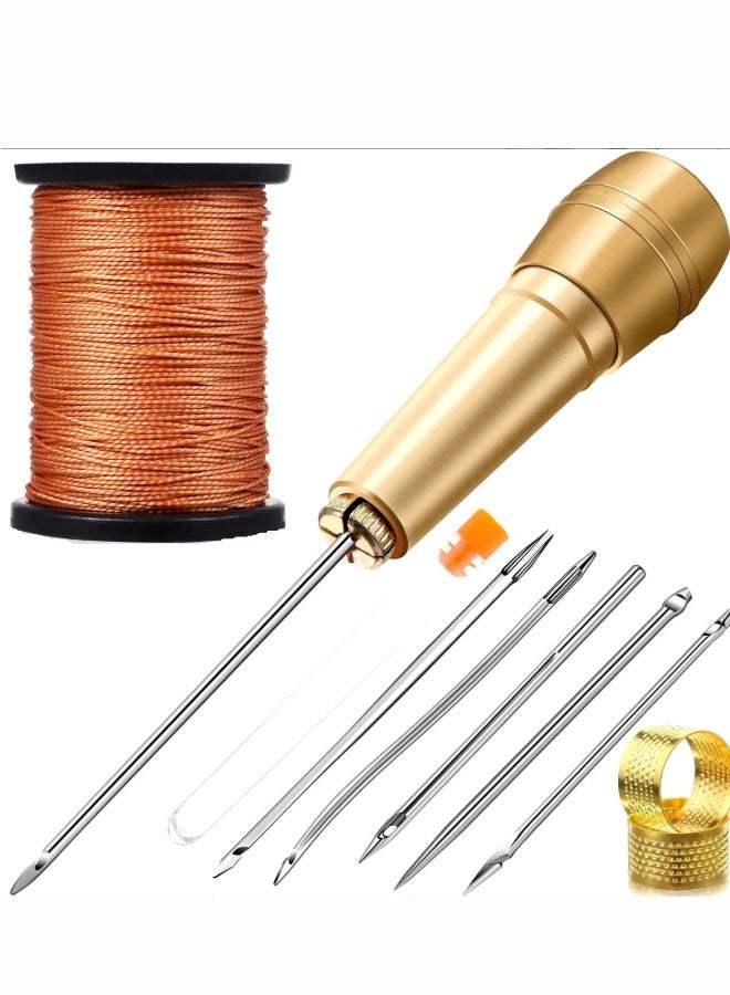 Ailily Canvas Leather Sewing Awl Needle with Copper Handle, 50 m Nylon Cord Thread and 2 Pieces Thimble for Handmade Leather Sewing Tools Shoe and Leather Repair, 6 Pieces - Image 1
