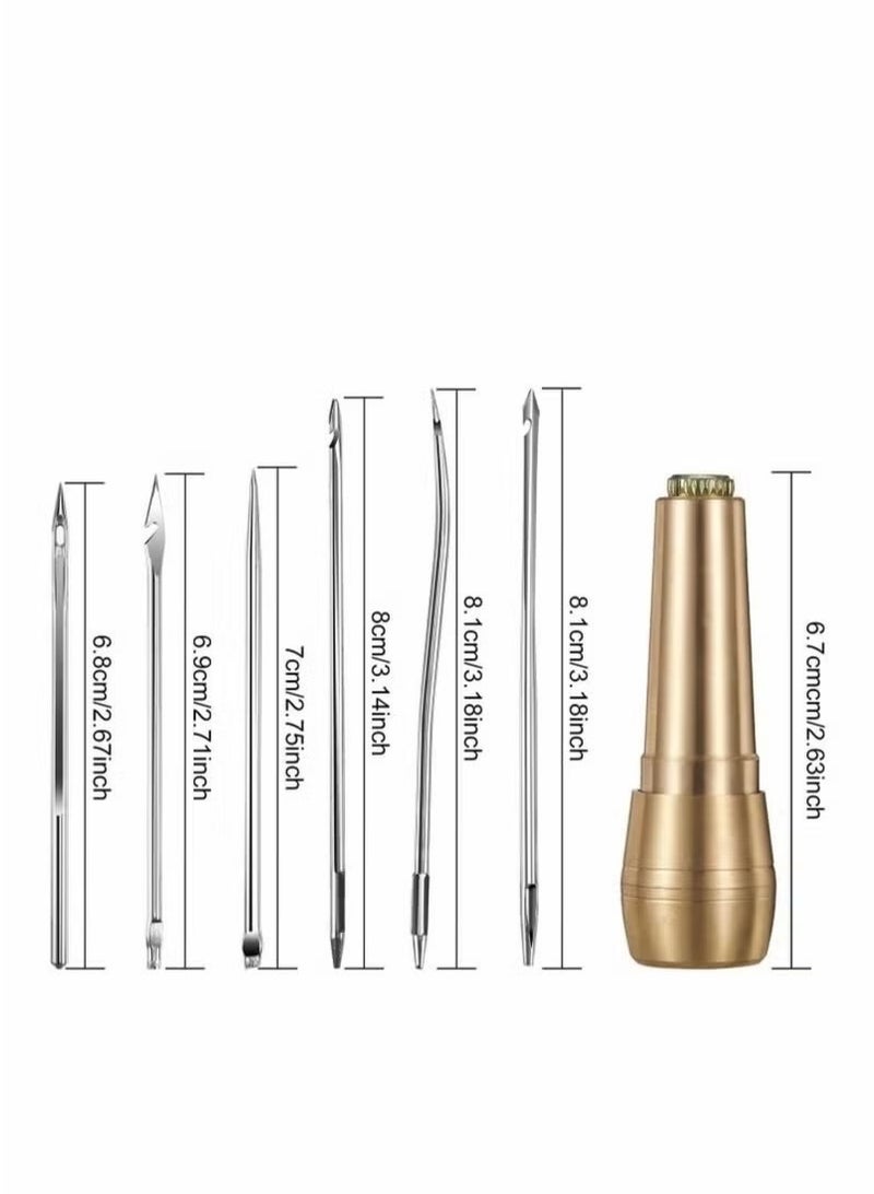 Ailily Canvas Leather Sewing Awl Needle with Copper Handle, 50 m Nylon Cord Thread and 2 Pieces Thimble for Handmade Leather Sewing Tools Shoe and Leather Repair, 6 Pieces - Image 2