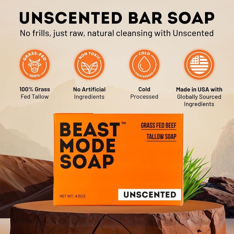Beast Mode Soap صابون بيست مود للرجال بدون رائحة بار واحد مكوناته بسيطة مصنوعة من دهن العشب وماء صابون بار آمن للبشرة الحساسة مصنوع يدويًا في الولايات المتحدة - Image 2
