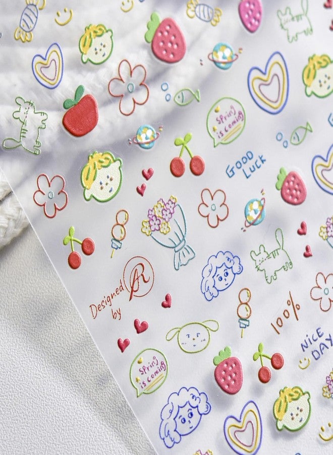 Charmark Cartoon Nail Sticker 5D Embossed Nail Decal Cute Flower Strawberry Nail Designs Gel Nail Stickers for Women Nail Art Supplies Self Adhesive DIY Nail Decorations - Image 1