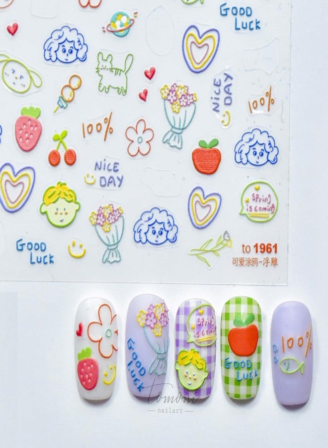 Charmark Cartoon Nail Sticker 5D Embossed Nail Decal Cute Flower Strawberry Nail Designs Gel Nail Stickers for Women Nail Art Supplies Self Adhesive DIY Nail Decorations - Image 2