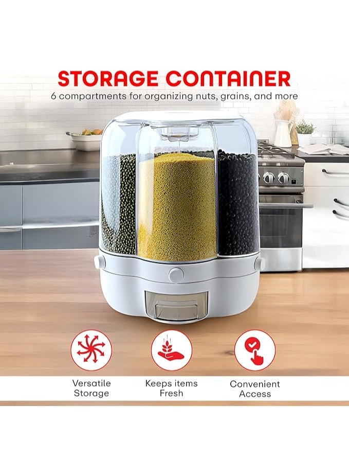 منظم بقالة دوار 360 درجة مع موزع بستة أقسام، أسطوانة قياس بغطاء مقاوم للرطوبة، حامل حبوب، موزع، تخزين محكم للمطبخ، حبوب صغيرة، بقوليات، أرز، إلخ. - Image 3
