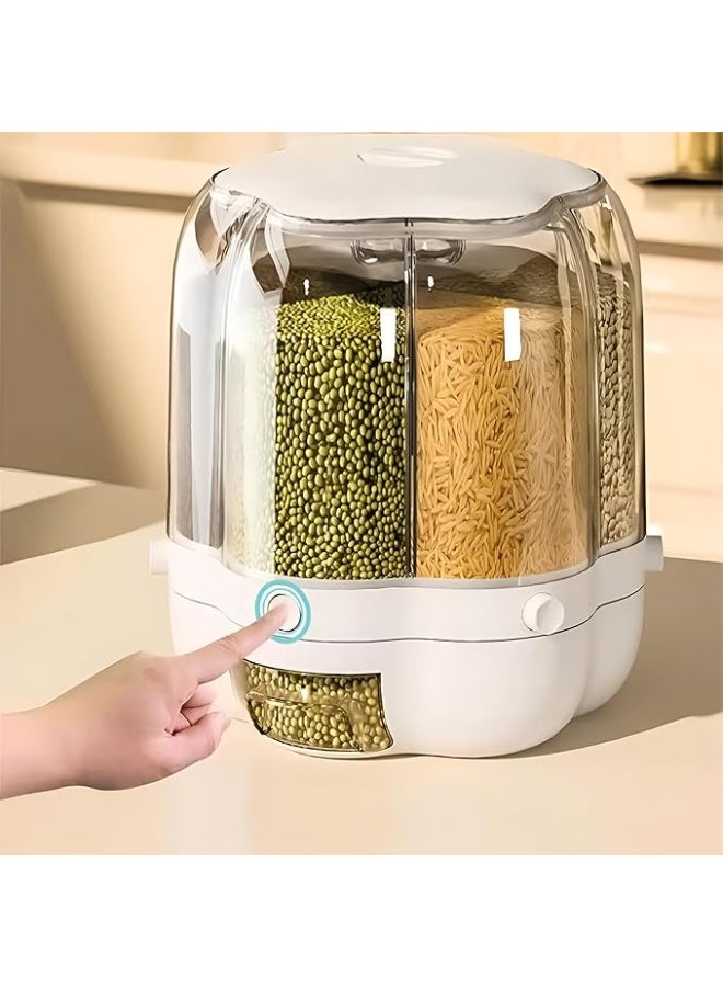 منظم بقالة دوار 360 درجة مع موزع بستة أقسام، أسطوانة قياس بغطاء مقاوم للرطوبة، حامل حبوب، موزع، تخزين محكم للمطبخ، حبوب صغيرة، بقوليات، أرز، إلخ. - Image 1