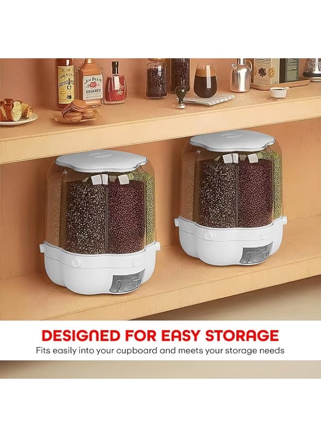 منظم بقالة دوار 360 درجة مع موزع بستة أقسام، أسطوانة قياس بغطاء مقاوم للرطوبة، حامل حبوب، موزع، تخزين محكم للمطبخ، حبوب صغيرة، بقوليات، أرز، إلخ. - Image 4