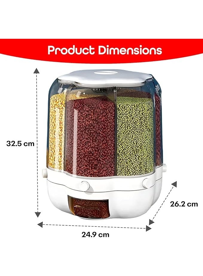 منظم بقالة دوار 360 درجة مع موزع بستة أقسام، أسطوانة قياس بغطاء مقاوم للرطوبة، حامل حبوب، موزع، تخزين محكم للمطبخ، حبوب صغيرة، بقوليات، أرز، إلخ. - Image 2
