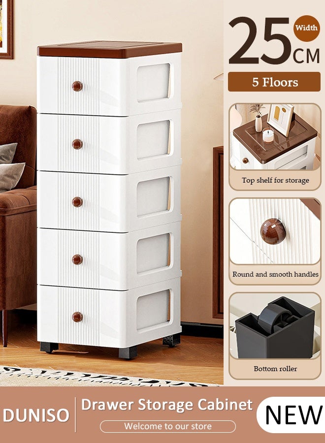 DUNISO 5-Layer Narrow Storage Cabinet  with Wheels，Multifunctional Drawer Plastic Wardrobe，Storage Drawer Units Kitchen Crevice Storage ，Storage Cabinet for Toys，Snacks，Books - Image 1