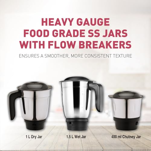 USHA Colt Prime Mixer Grinder| 500W| Powerful 100% Copper Motor| Rust Resistant Stainless Steel Jars & Blades| Uniform Grinding with 3 Jars| 5 Years Motor Warranty - Image 5