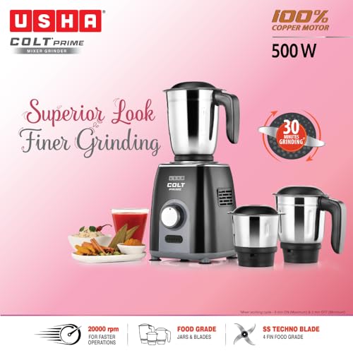 USHA Colt Prime Mixer Grinder| 500W| Powerful 100% Copper Motor| Rust Resistant Stainless Steel Jars & Blades| Uniform Grinding with 3 Jars| 5 Years Motor Warranty - Image 2