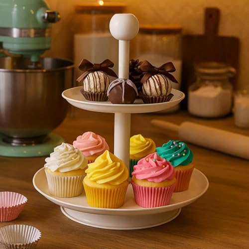 Elan Stainless Steel Knob 2 Tier Stacked Round Cake Cupcake & Dessert Stand, Birthday Party Cup Cake Stand (Off White) - Image 1