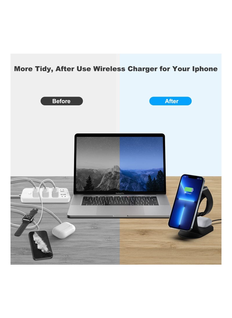 Y&D - 3 in 1 Magnetic Wireless Charger 15W Fast Charging Station for iPhone 13/ pro/ pro-Max/ 12/ 12 Pro Max Support iWatch AirPods Bonus 18W QC 3.0 Adaptor and Magetic Metal Ring (Black) - Image 1