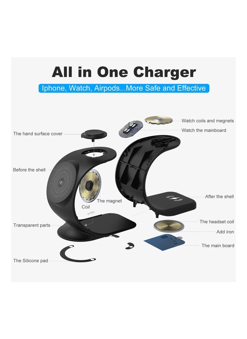 Y&D - 3 in 1 Magnetic Wireless Charger 15W Fast Charging Station for iPhone 13/ pro/ pro-Max/ 12/ 12 Pro Max Support iWatch AirPods Bonus 18W QC 3.0 Adaptor and Magetic Metal Ring (Black) - Image 1