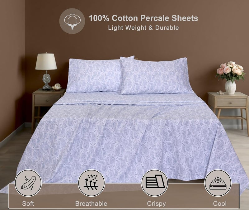 ZOYER 100% Cotton Sheets - Cooling & Crisp Full Size Percale Bed Sheets, 16" Deep Pockets Full Bedding Set, Lightweight & Breathable, Durable, 4 Pieces, Paisley Imprint - Image 3