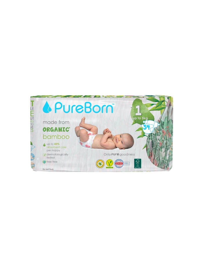 PureBorn حفاضات عضوية حجم-1 حتى 5 كجم عبوة واحدة مع طباعة استوائية - Image 1