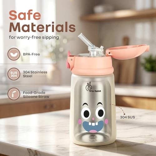 R for Rabbit Steebo Smiley Stainless Steel Straw Sipper Bottle for Kids & Toddler, Leak & Spill Proof | BPA Free Soft Silicone Straw | 300ml Drinking Sippy Cup for 12+ Months (Smiley Blue) - Image 2