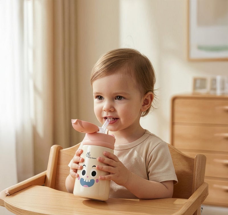 R for Rabbit Steebo Smiley Stainless Steel Straw Sipper Bottle for Kids & Toddler, Leak & Spill Proof | BPA Free Soft Silicone Straw | 300ml Drinking Sippy Cup for 12+ Months (Smiley Blue) - Image 1