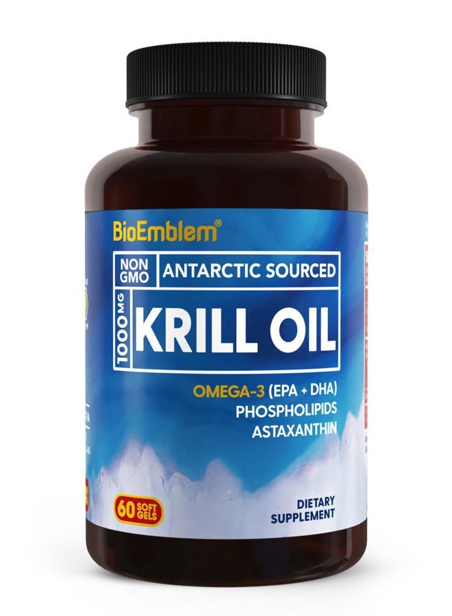 BioEmblem Antarctic Krill Oil Supplement | 1000mg | Omega-3 Oil with High Levels of EPA + DHA, Astaxanthin, and Phospholipids | No Fishy Aftertaste | 60-Count Non-GMO Softgels - Image 1