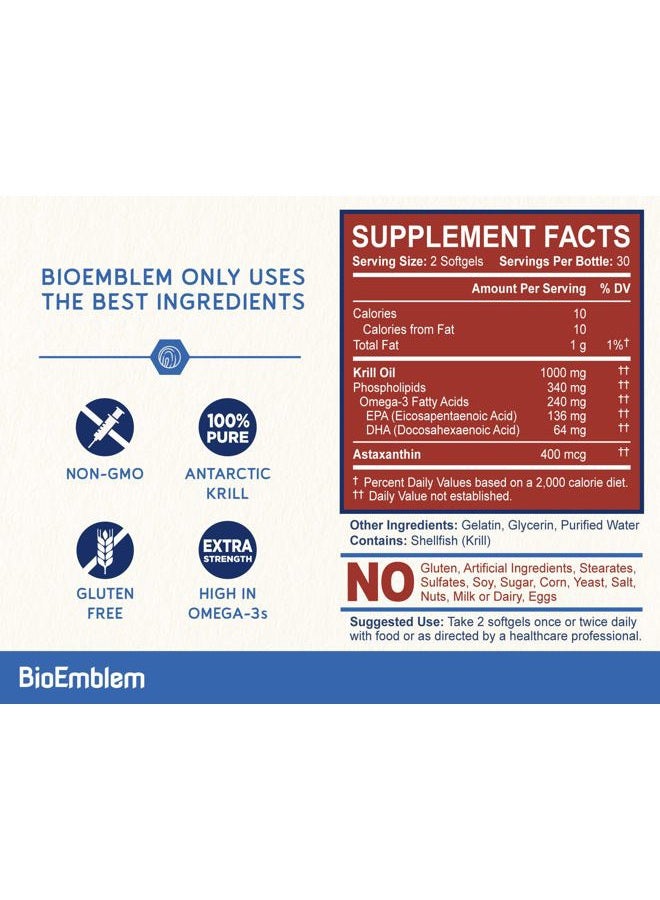 BioEmblem Antarctic Krill Oil Supplement | 1000mg | Omega-3 Oil with High Levels of EPA + DHA, Astaxanthin, and Phospholipids | No Fishy Aftertaste | 60-Count Non-GMO Softgels - Image 3