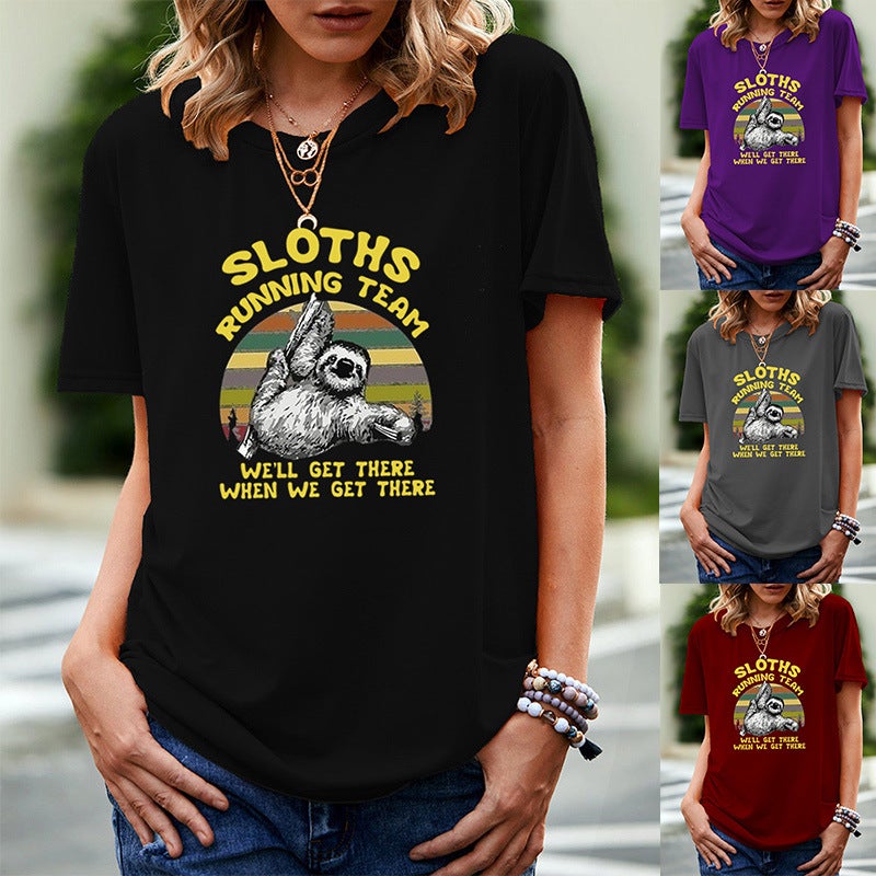 wish independent station sloth fun pattern printed short sleeve t-shirt for women - Image 2