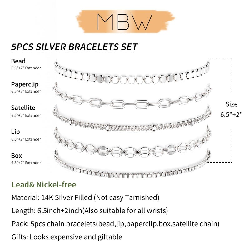 MBW Silver Plated Bracelets for Women Trendy, Dainty Bracelets for Women Chain Bracelet Stack Set Waterproof Jewelry Minimalist Simple Small Thin Bracelet for Women Gift - Image 5