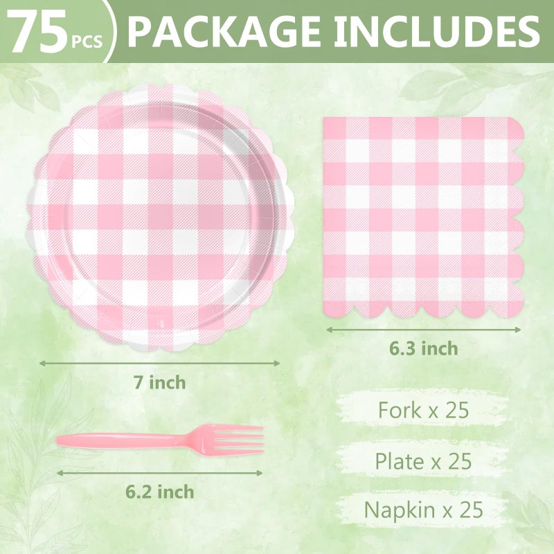 Mulbozy 75 Pink Gingham Plates and Napkins Disposable Set Includes Dessert Cake Scalloped Plates, Cocktail Napkins, Forks for for Holiday Party Supplies - Image 2