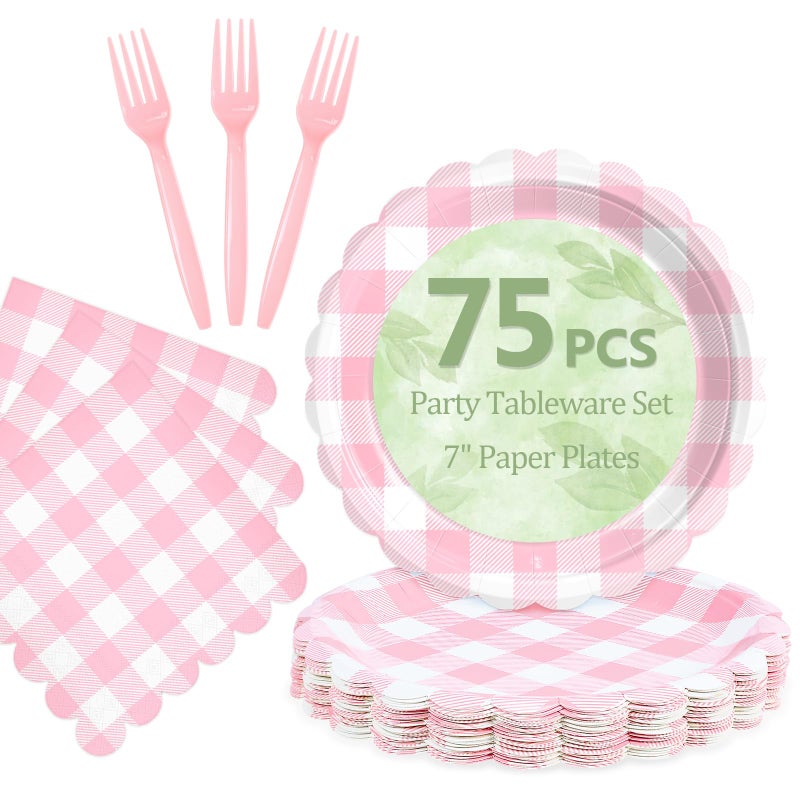 Mulbozy 75 Pink Gingham Plates and Napkins Disposable Set Includes Dessert Cake Scalloped Plates, Cocktail Napkins, Forks for for Holiday Party Supplies - Image 1
