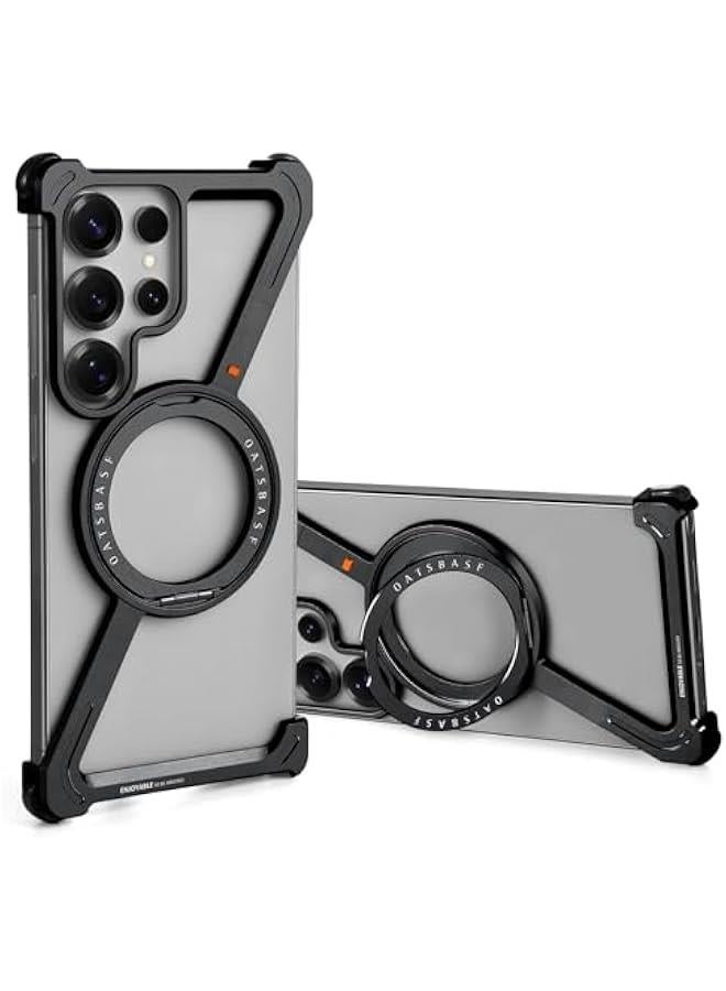 Minimalist Phone Case Compatible with Samsung Galaxy S25 Ultra, 360° Rotation Kickstand Aluminum Metal Frameless Design Bumper Case, Protective Shock Grade Shell, Black - Image 1